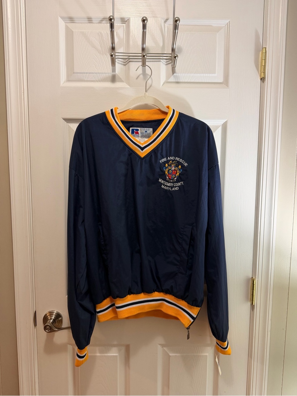 Russell Athletic Navy and Gold V‑Neck Windbreaker with Fire & Rescue Crest